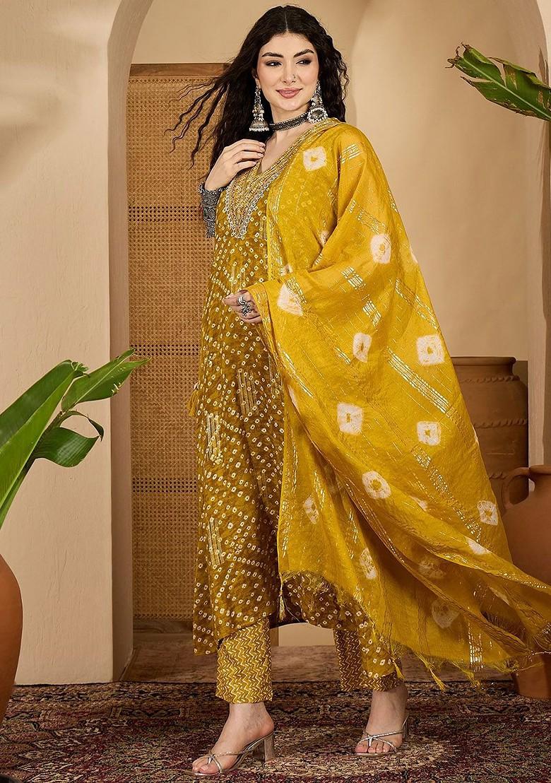 Mustard Embroidered Blended Kurta Set - Indya