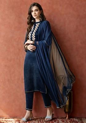 Navy Blue Embellished Blended Kurta Set