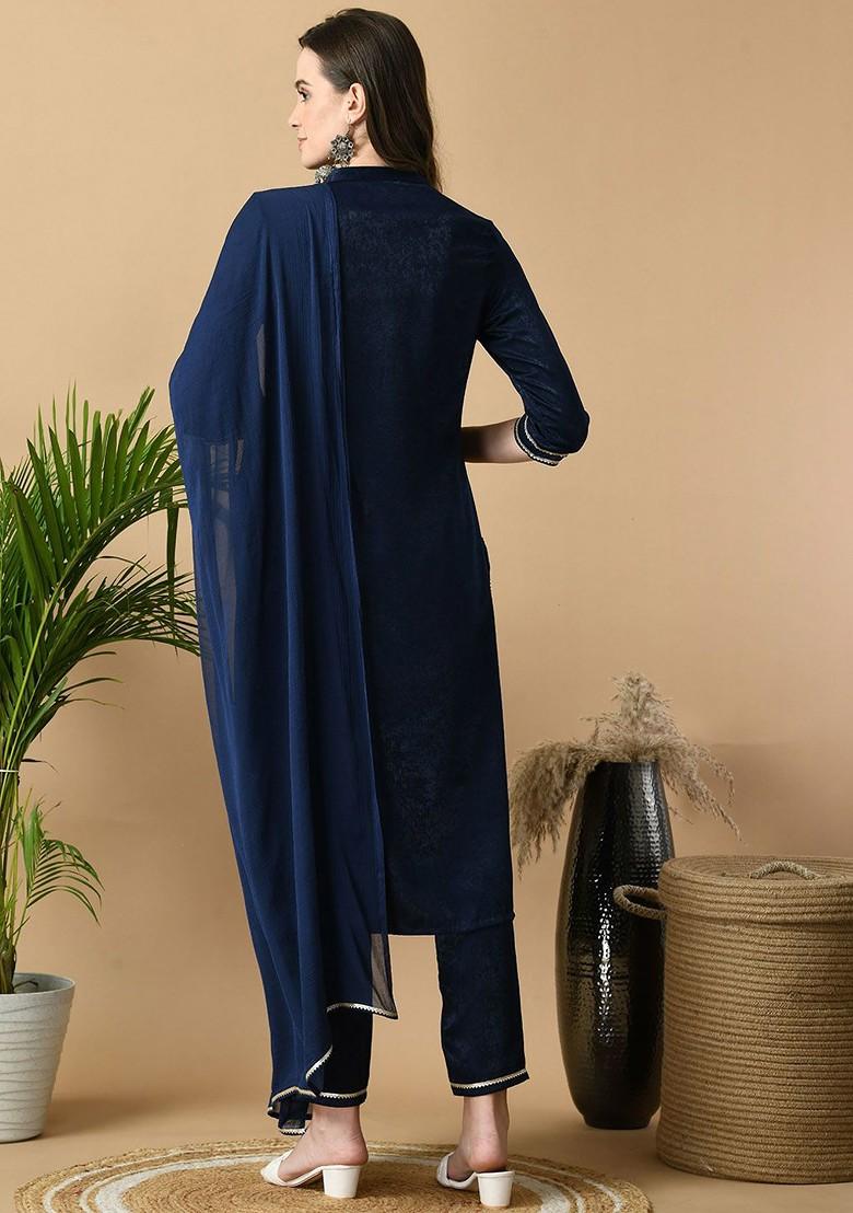 Navy Blue Embellished Blended Kurta Set - Indya