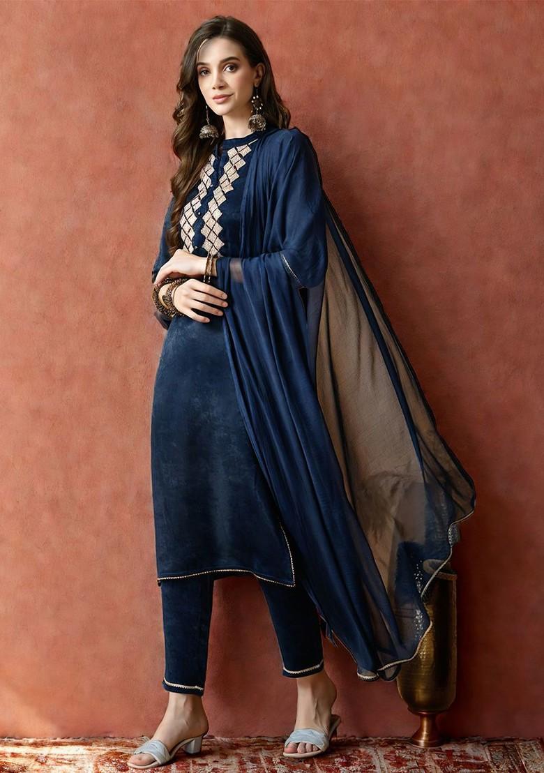 Navy Blue Embellished Blended Kurta Set - Indya