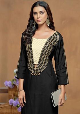 Black Embroidered Blended Kurta Set