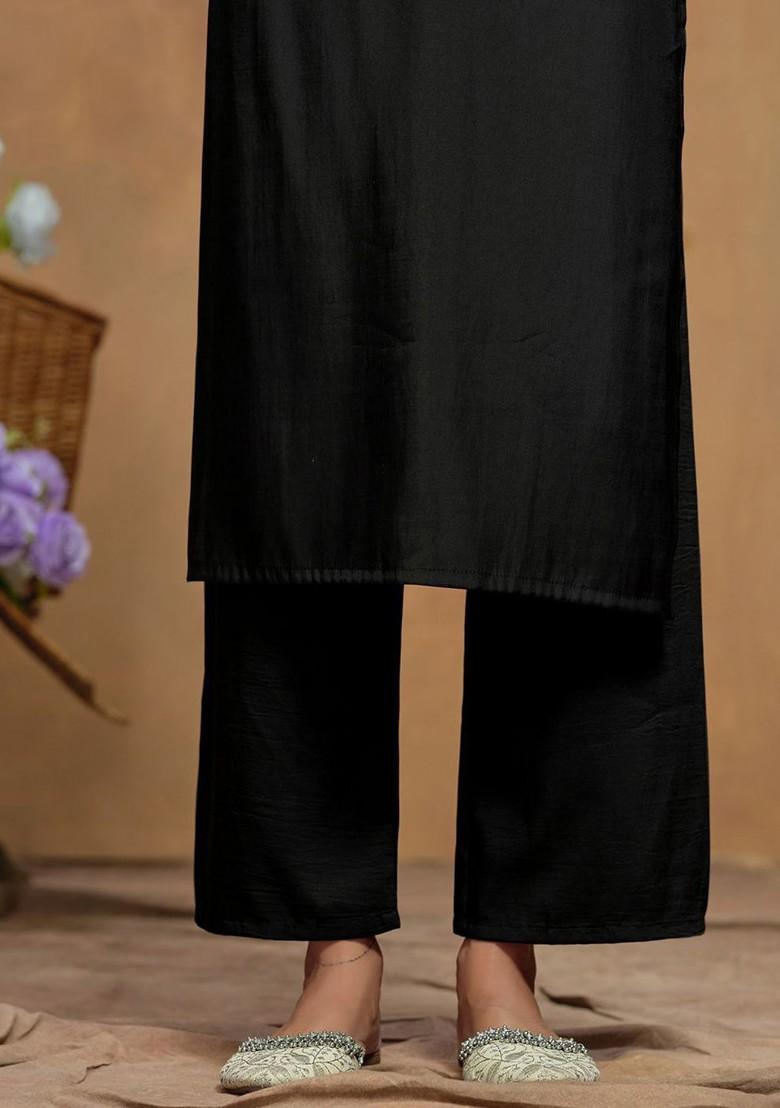 Black Embroidered Blended Kurta Set - Indya