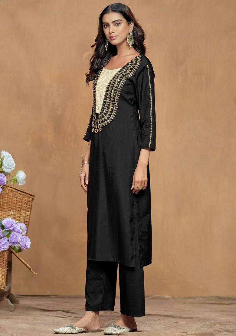 Black Embroidered Blended Kurta Set - Indya