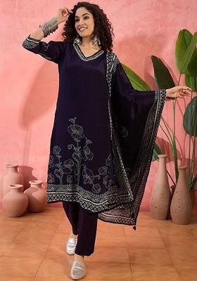 Navy Blue Printed Blended Kurta Set