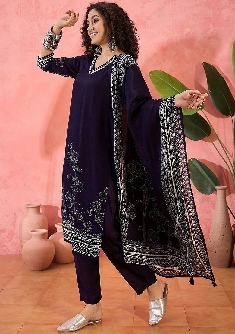 Navy Blue Printed Blended Kurta Set - Indya
