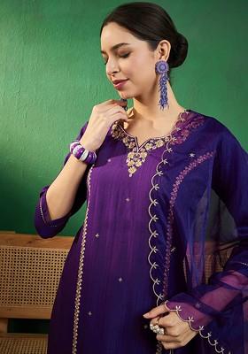 Purple Embroidered Blended Kurta Set