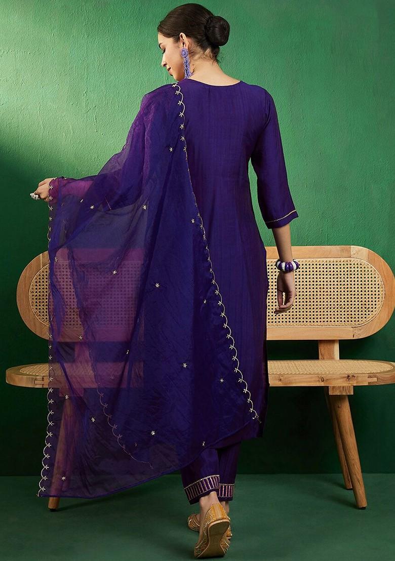 Purple Embroidered Blended Kurta Set - Indya