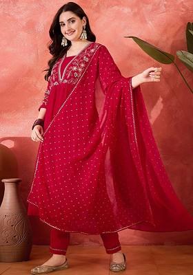 Red Sequinned Blended Kurta Set