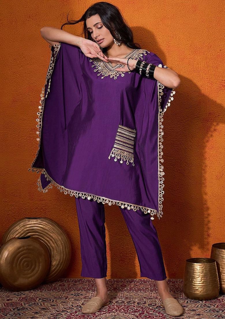Purple Embroidered Blended Kurta Set - Indya