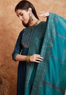 Teal Embroidered Blended Kurta Set