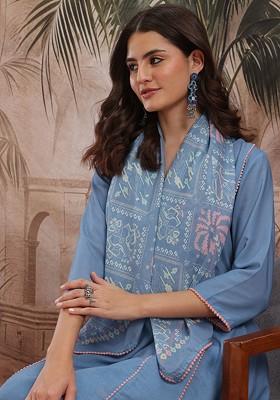 Blue Printed Blended Kurta Set