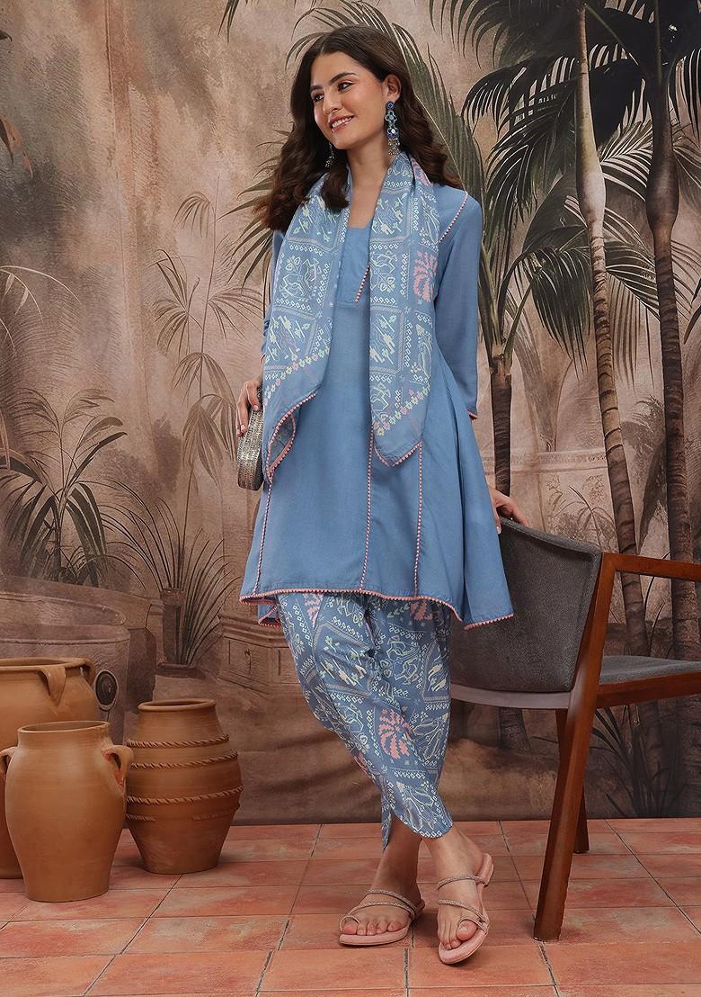 Blue Printed Blended Kurta Set - Indya