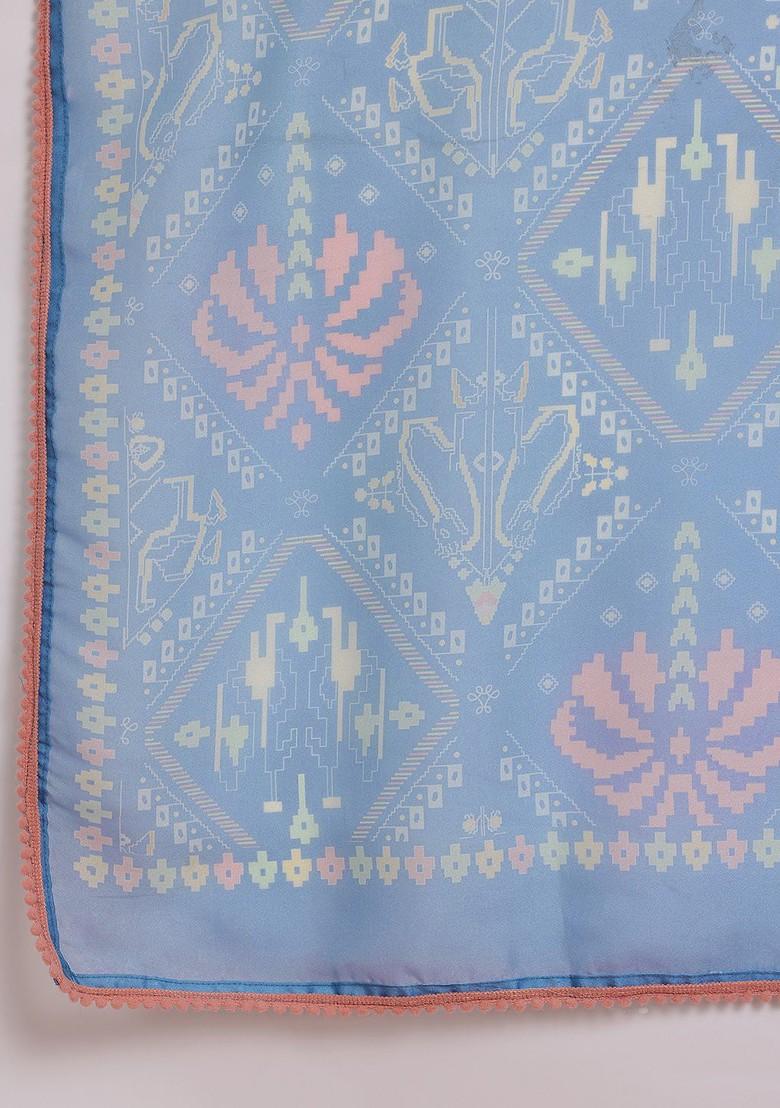 Blue Printed Blended Kurta Set - Indya