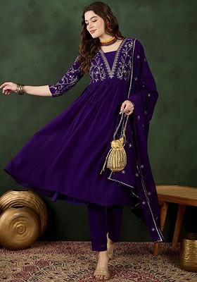 Purple Embroidered Blended Kurta Set
