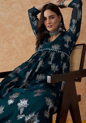 Teal Printed Blended Kurta Set