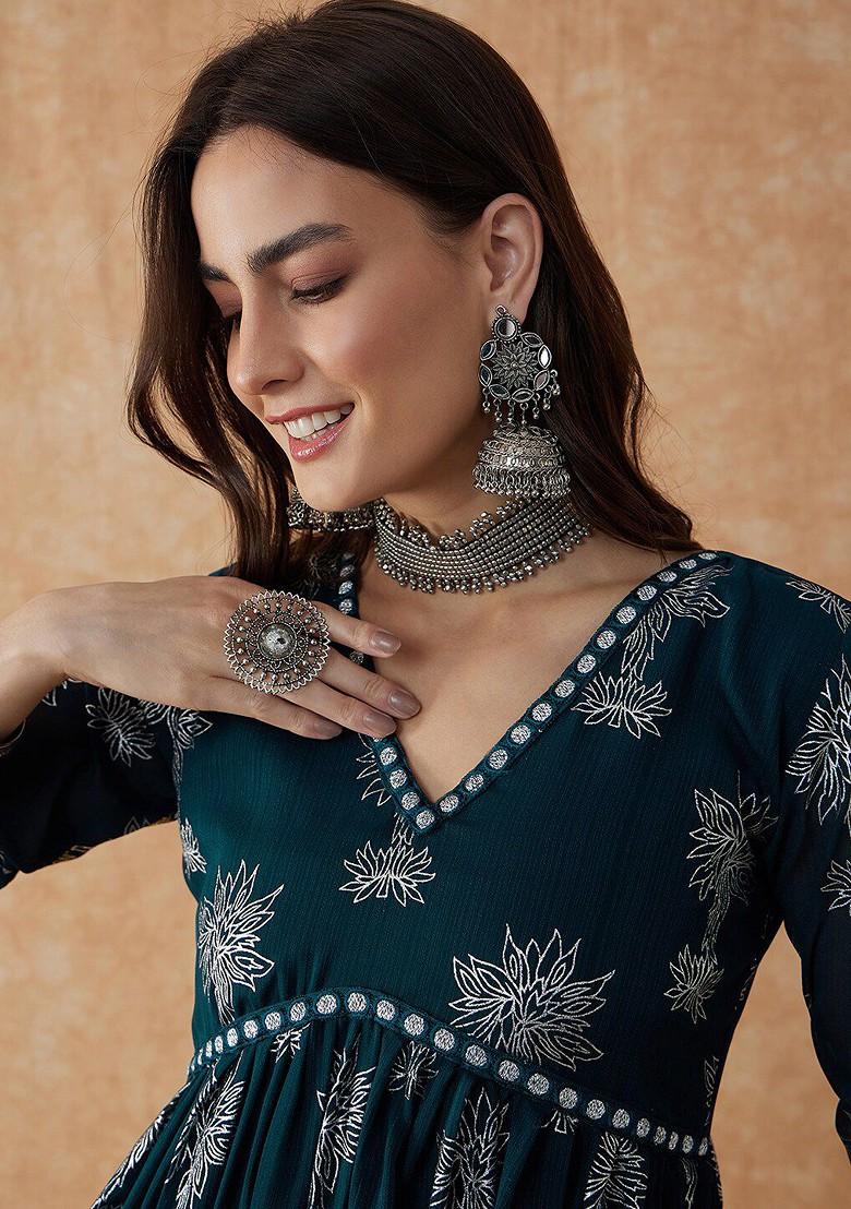 Teal Printed Blended Kurta Set - Indya