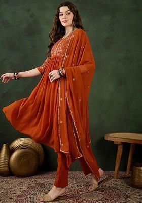 Orange Embroidered Blended Kurta Set