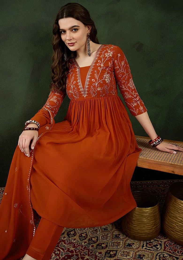 Orange Embroidered Blended Kurta Set - Indya