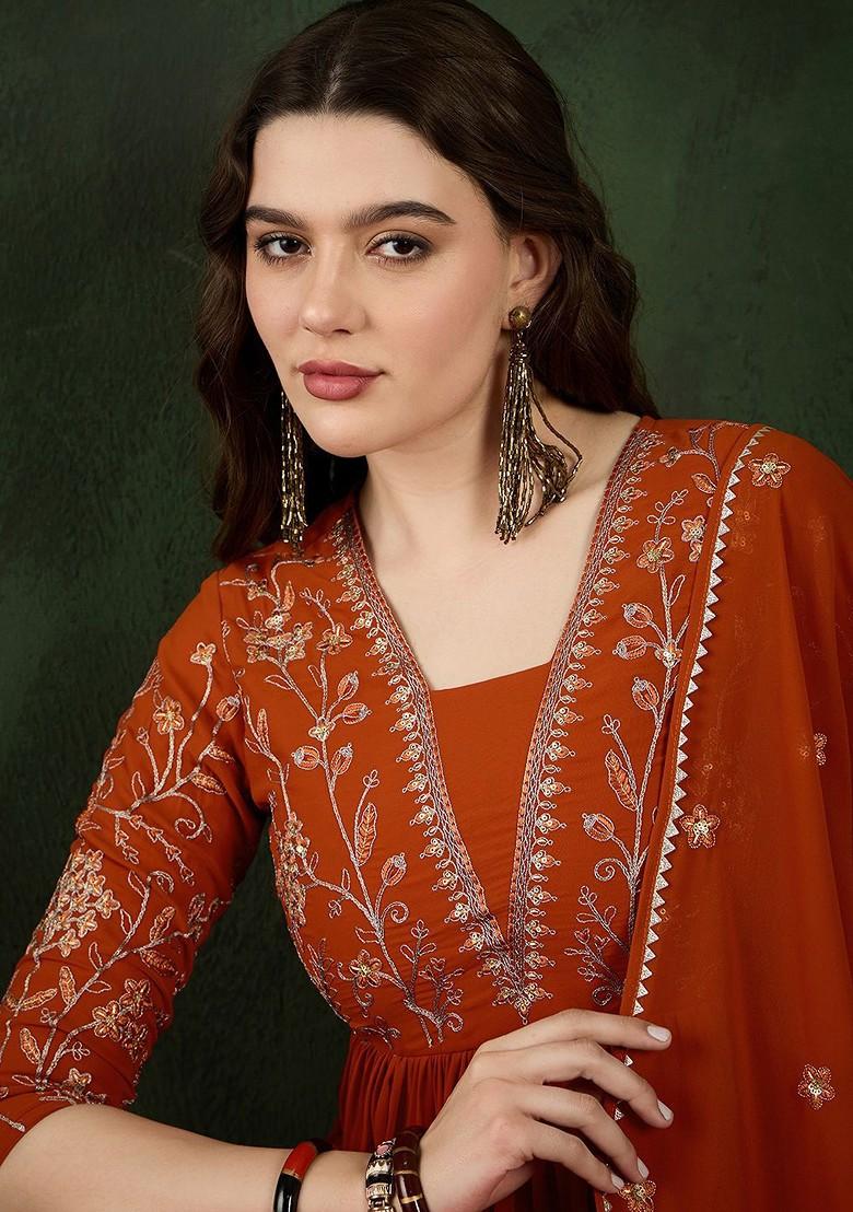 Orange Embroidered Blended Kurta Set - Indya