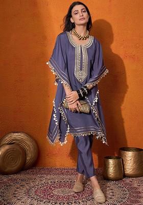 Blue Embroidered Blended Kurta Set
