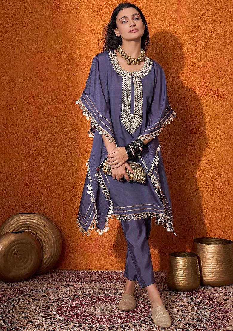 Blue Embroidered Blended Kurta Set - Indya