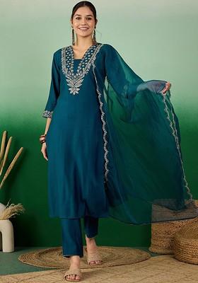Teal Embroidered Blended Kurta Set