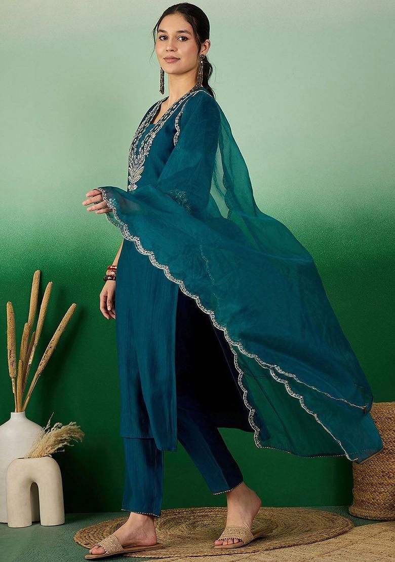 Teal Embroidered Blended Kurta Set - Indya