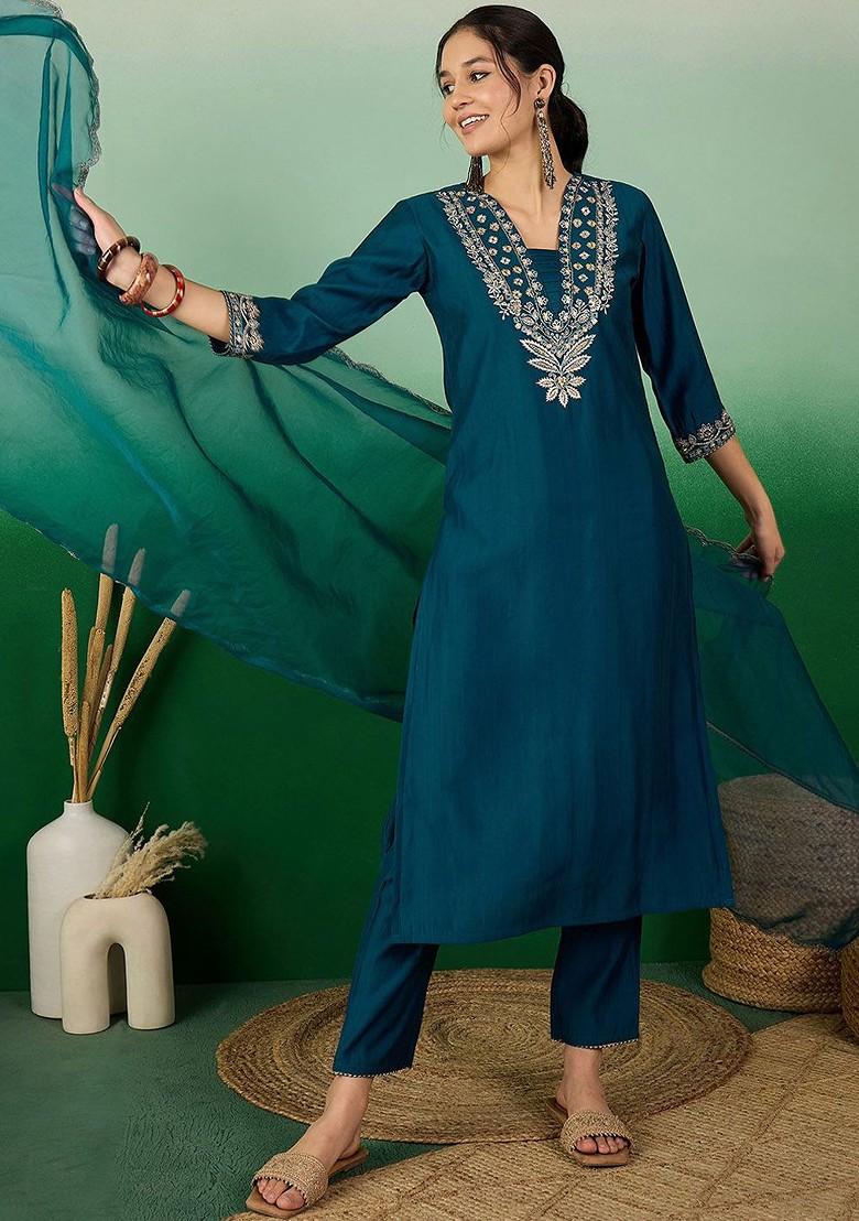 Teal Embroidered Blended Kurta Set - Indya