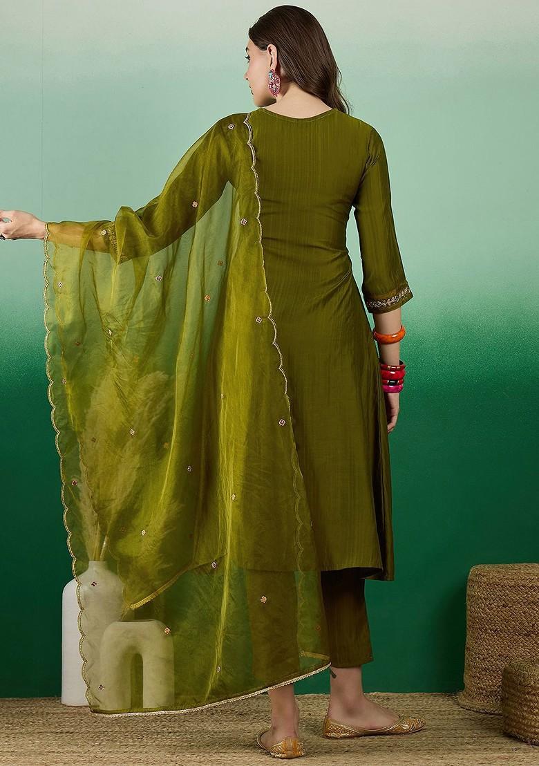 Green Yoke Design Blended Kurta Set - Indya