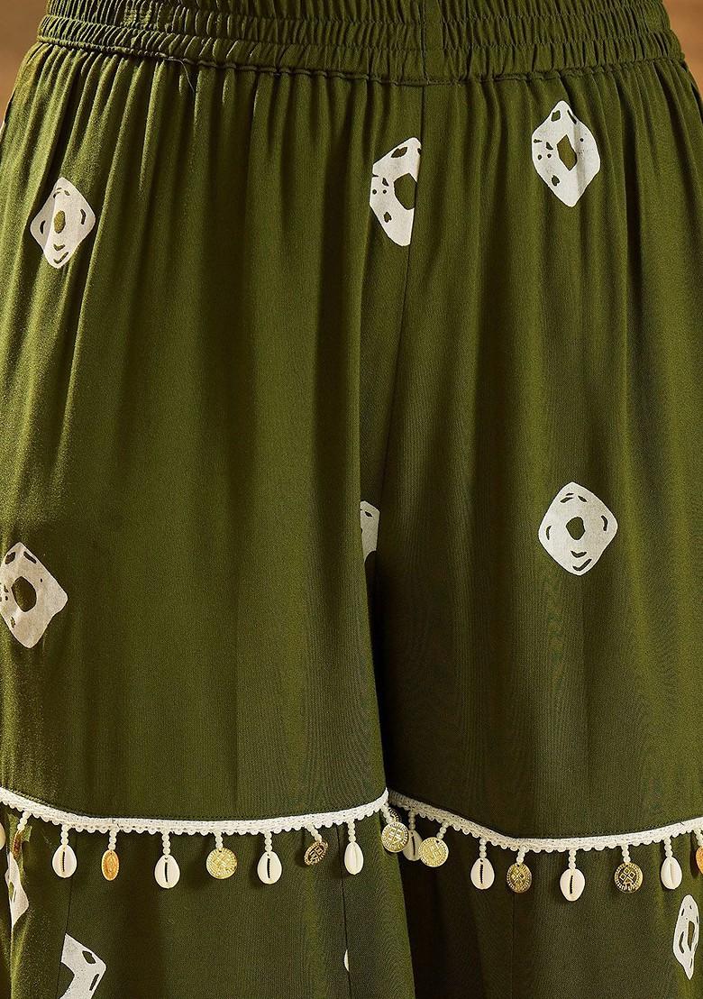 Green Printed Blended Kurta Set - Indya