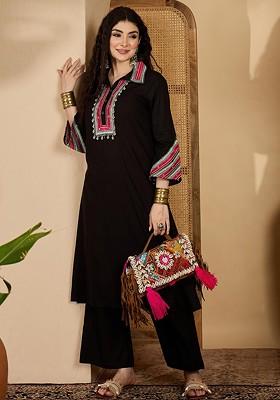 Black Embroidered Blended Kurta Set