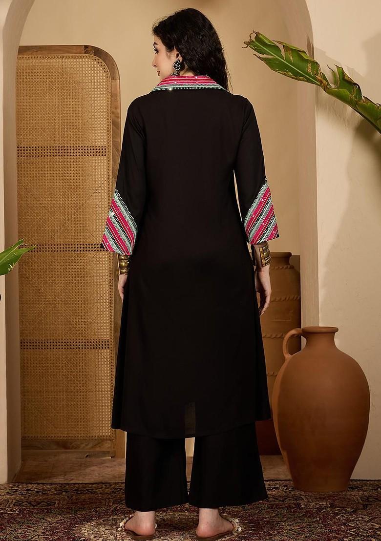 Black Embroidered Blended Kurta Set - Indya