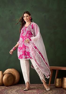 Pink Printed Blended Kurta Set