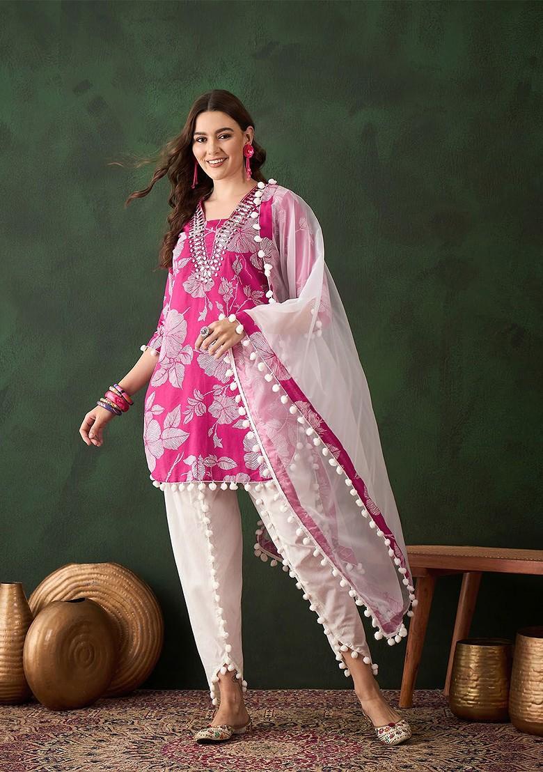 Pink Printed Blended Kurta Set - Indya