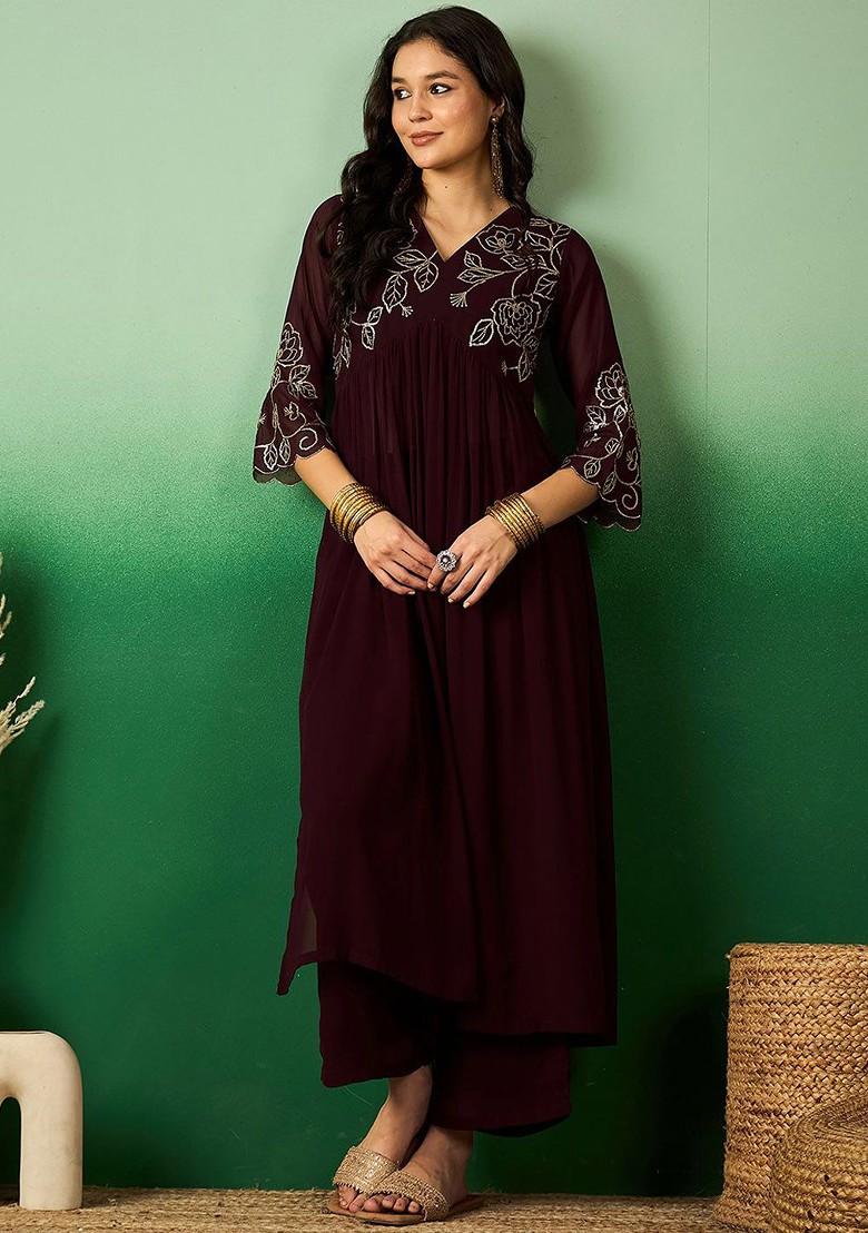 Brown Embroidered Blended Kurta Set - Indya