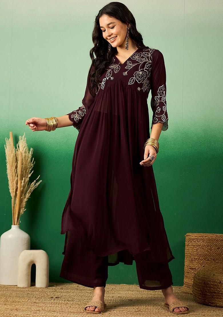 Brown Embroidered Blended Kurta Set - Indya