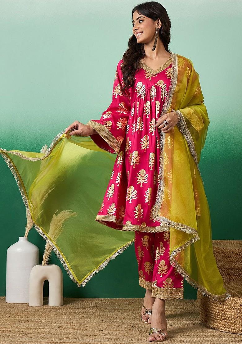 Fuchsia Printed Blended Kurta Set - Indya