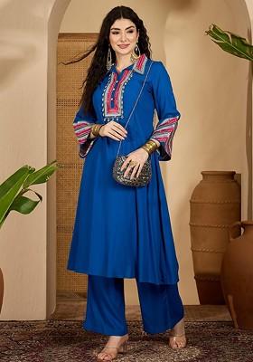 Blue Embroidered Blended Kurta Set