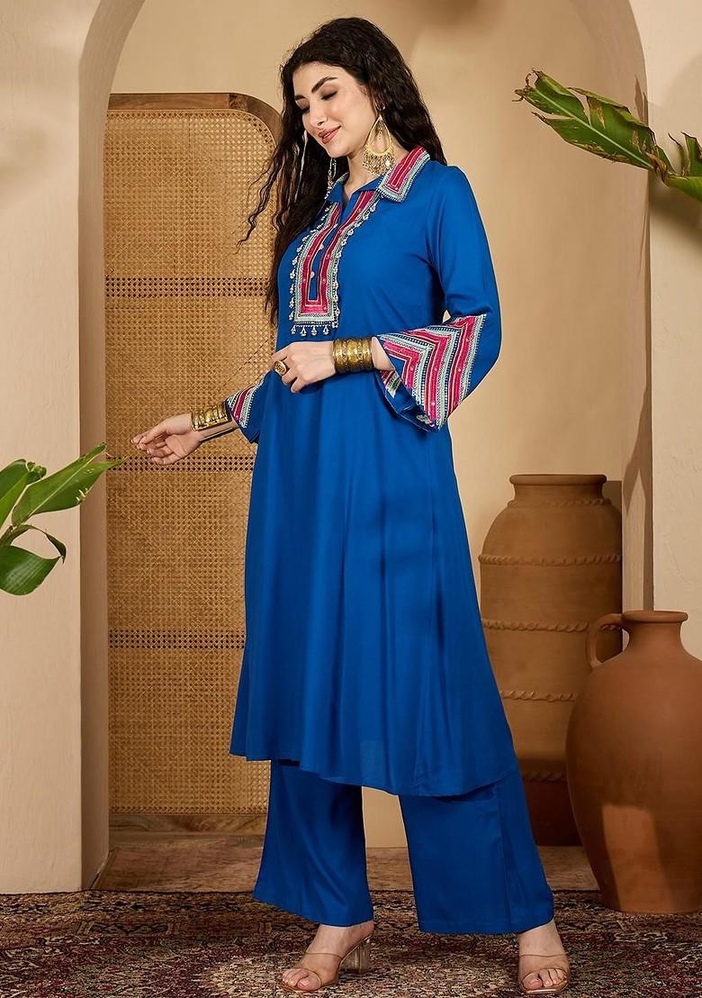 Blue Embroidered Blended Kurta Set - Indya