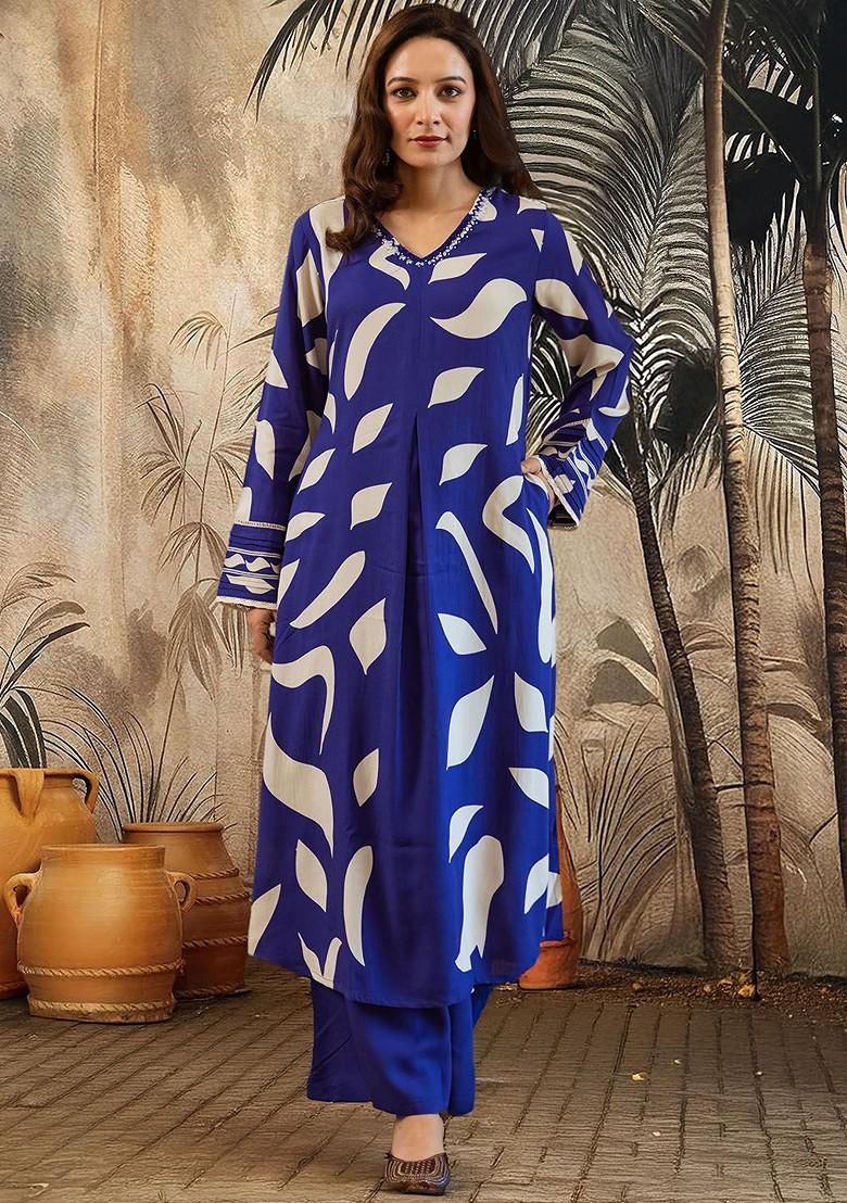 Blue Printed Blended Kurta Set - Indya