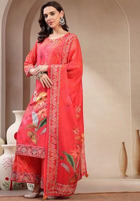 Orange Printed Blended Kurta Set