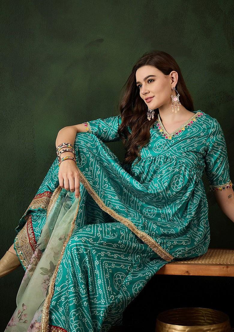Green Printed Blended Kurta Set - Indya