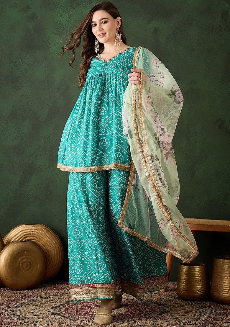 Green Printed Blended Kurta Set - Indya