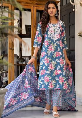Teal Printed Blended Kurta Set