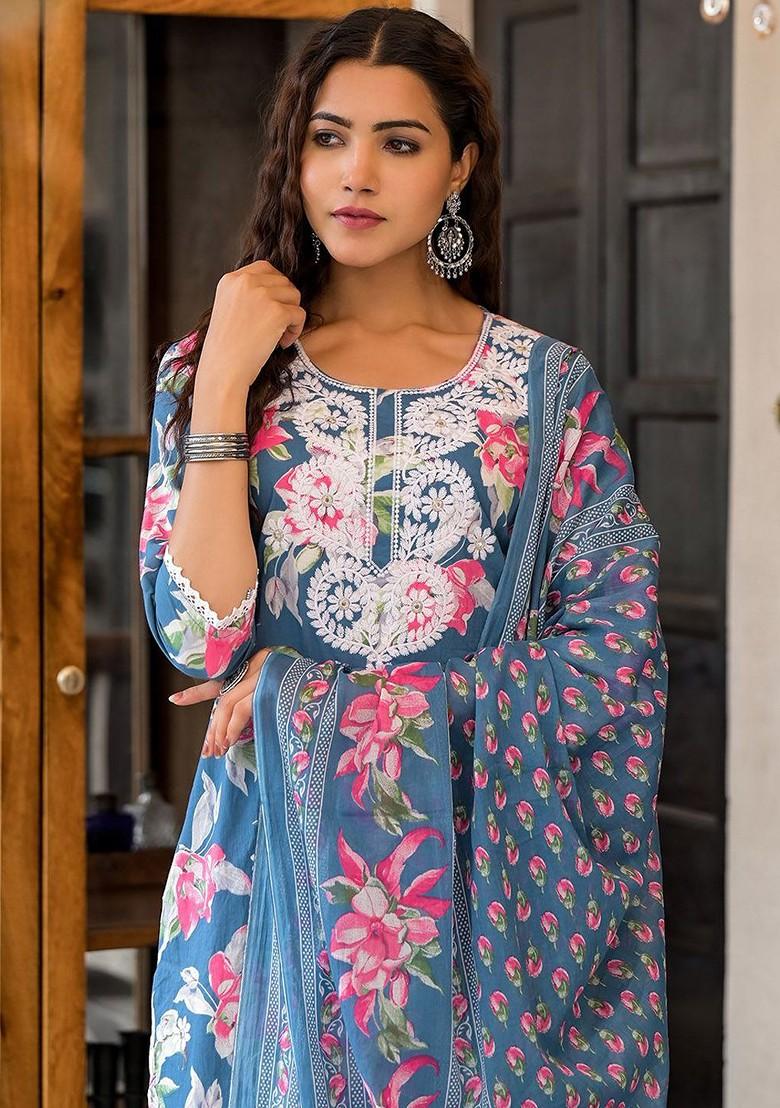 Teal Printed Blended Kurta Set - Indya