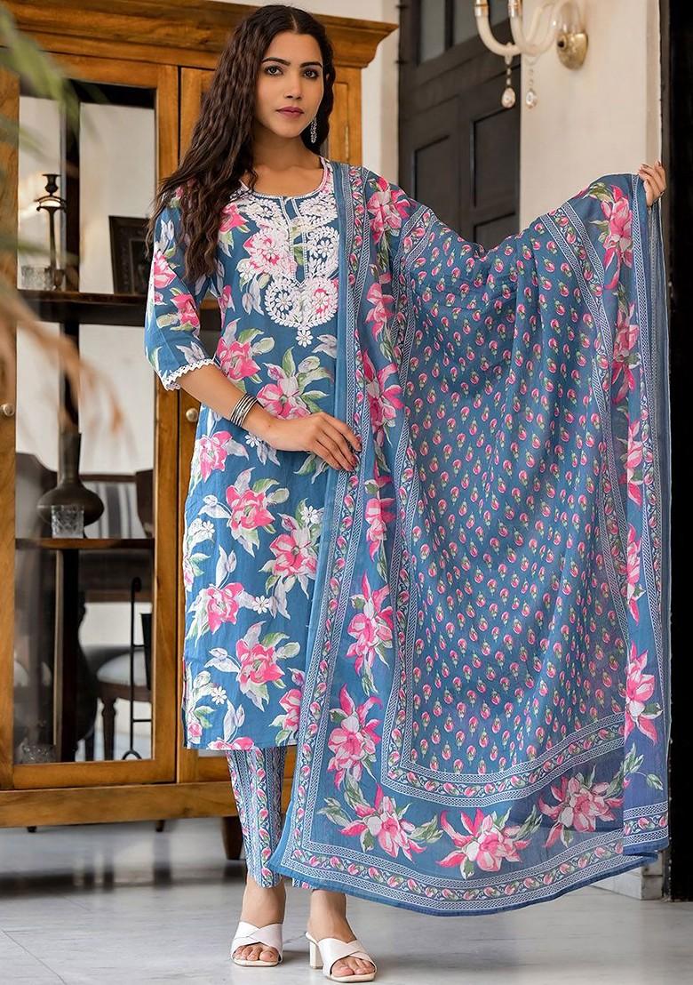 Teal Printed Blended Kurta Set - Indya