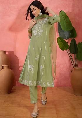 Green Embroidered Blended Kurta Set