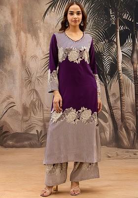 Purple Printed Blended Kurta Set