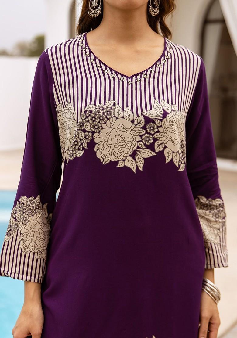 Purple Printed Blended Kurta Set - Indya