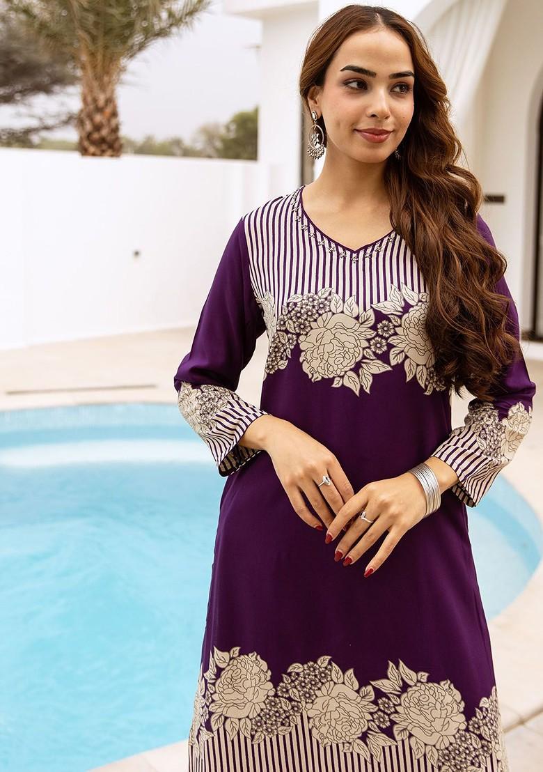 Purple Printed Blended Kurta Set - Indya